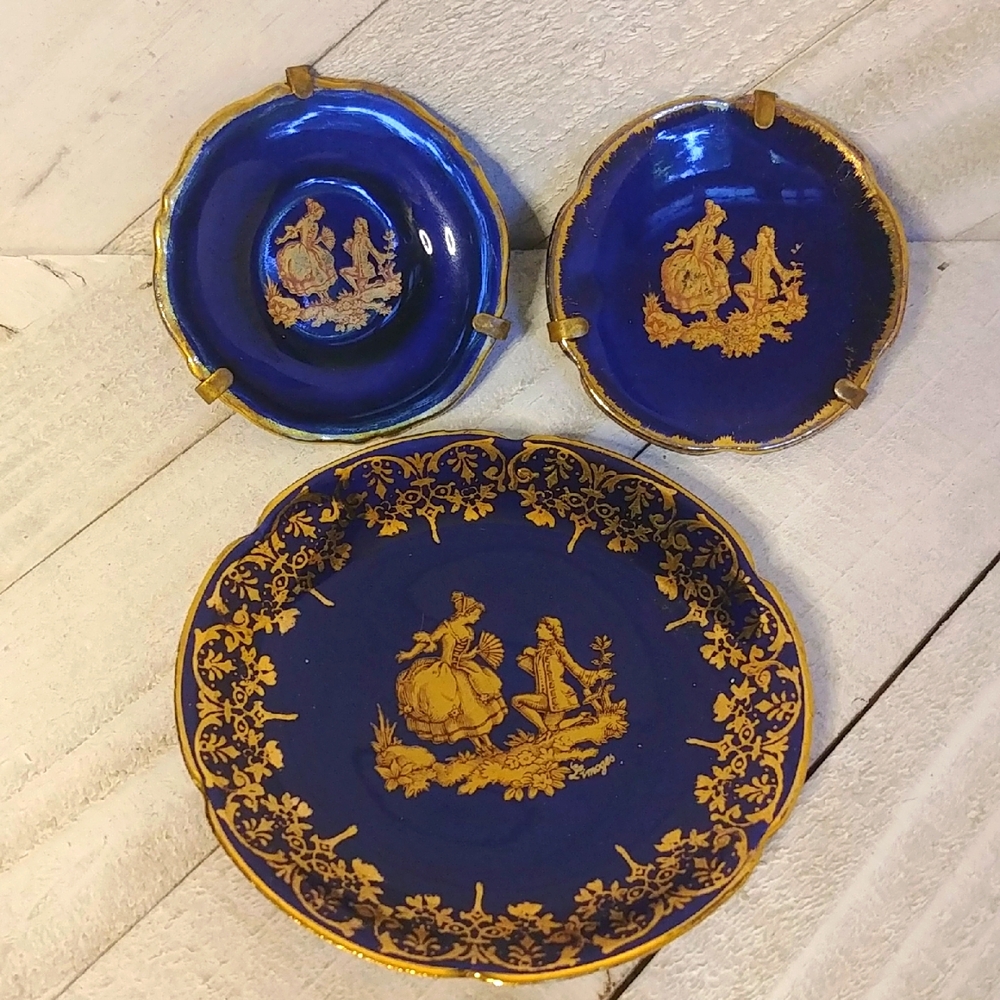 Vintage Limoges France Mini Porcelain Royal Blue and Gold Dish Set